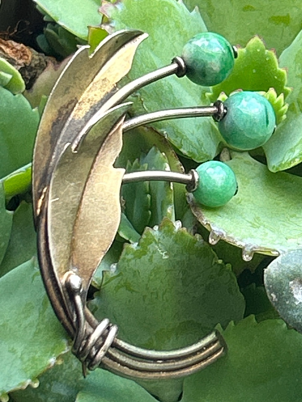 Antique Chinese sterling silver vermil natural apple Green jade Bead Floral pin